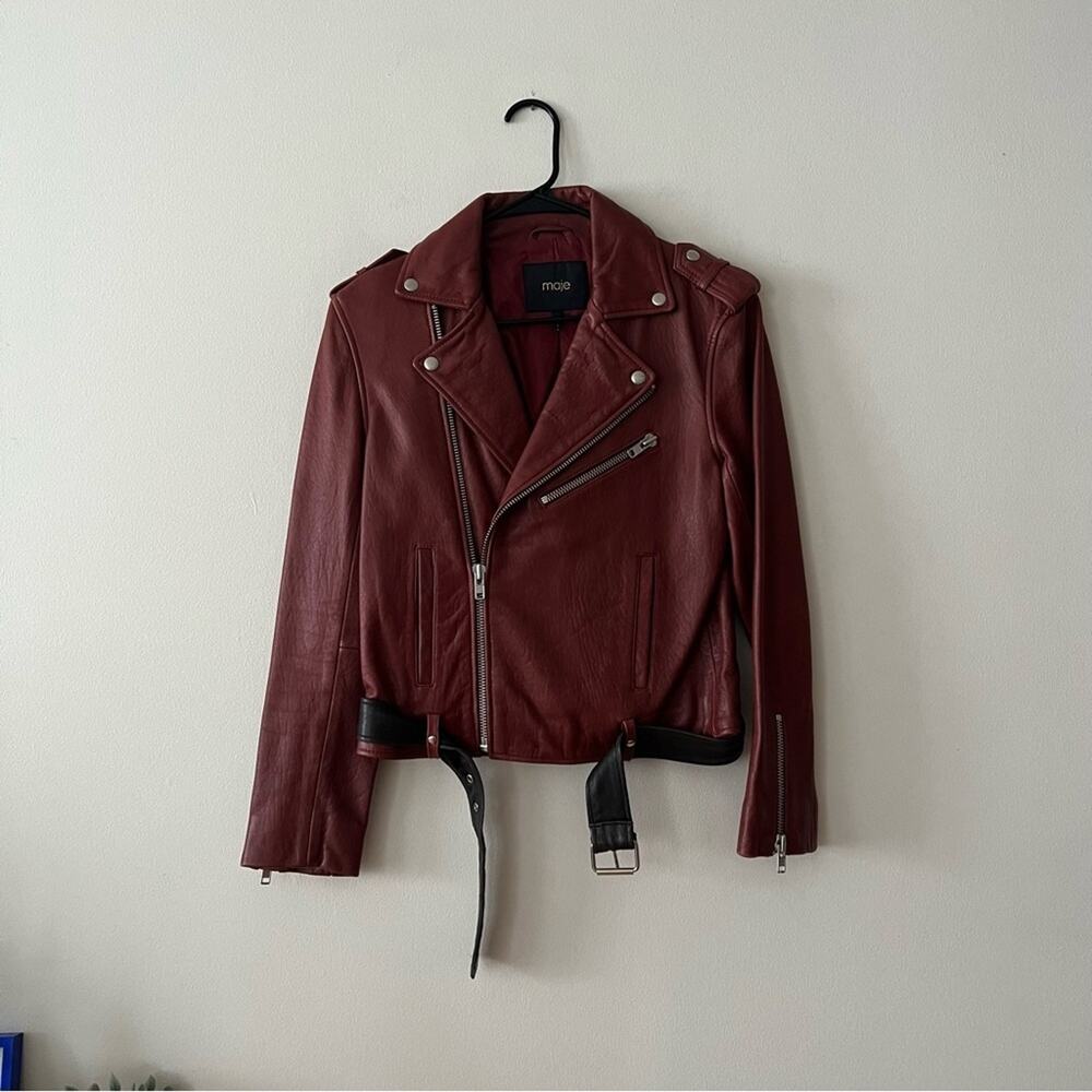 Maje Red Lamb Leather Biker Jacket - Picture 2 of 8